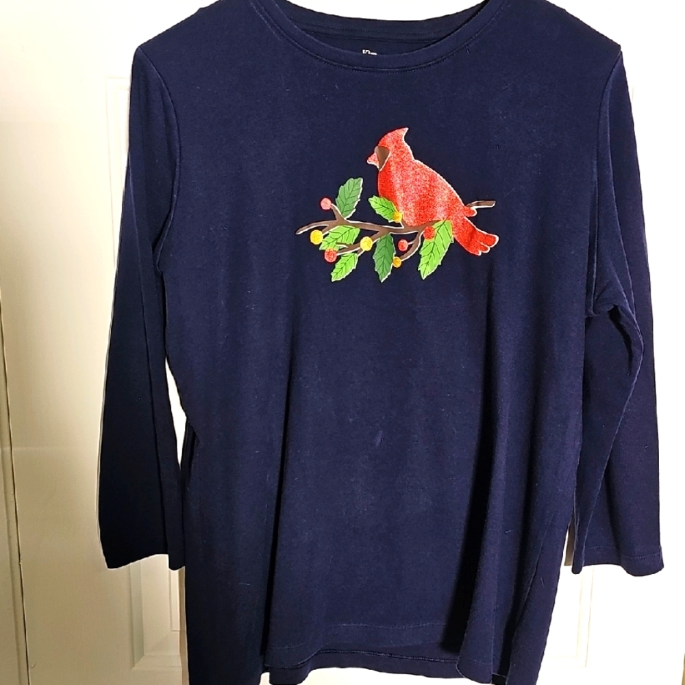 Kim Rogers Navy Shirt with Red Cardinal Bird Design. Size‎ XL. 100% SOFT COTTON